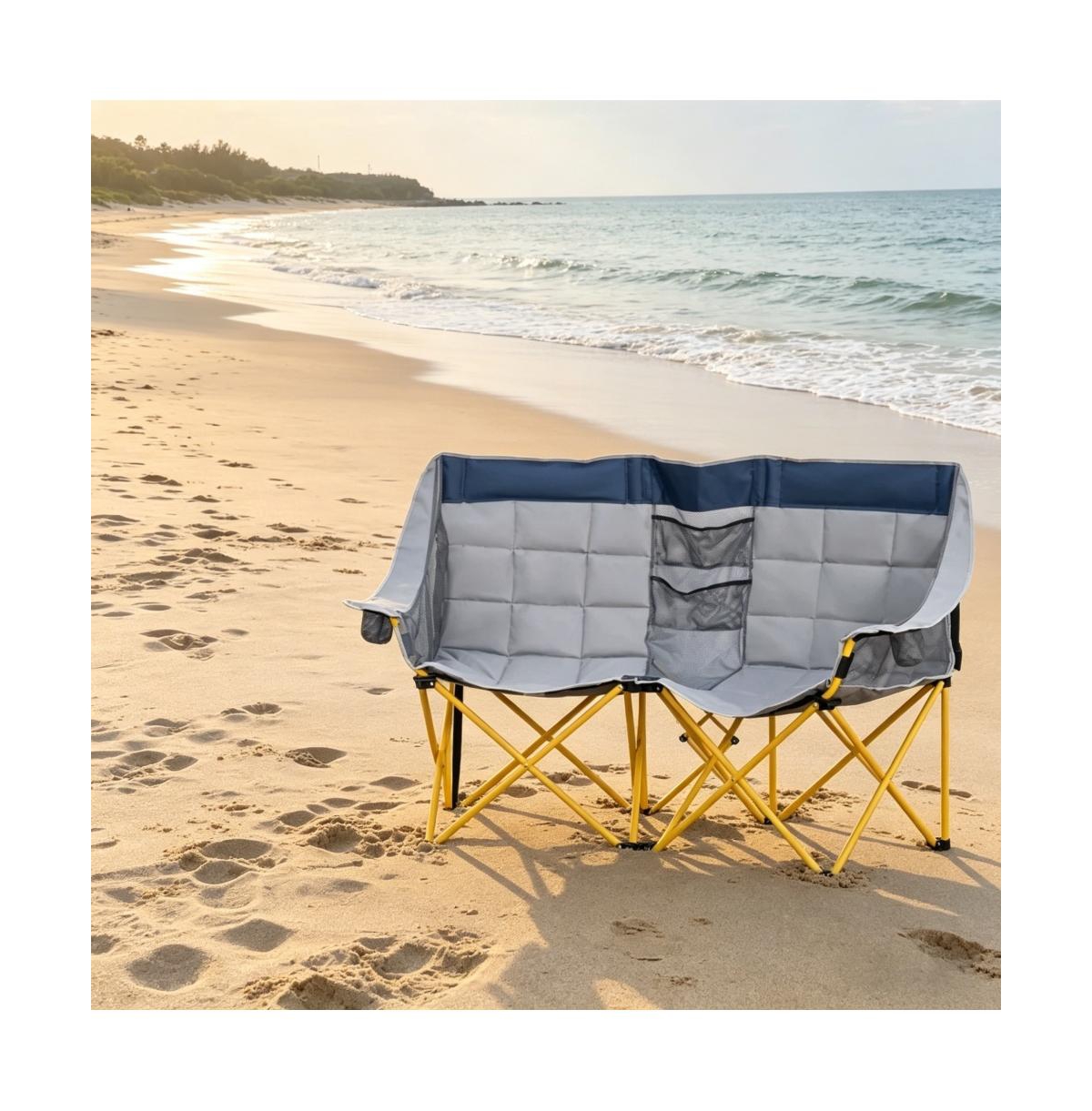 Sevorley Double Folding Chair, Navy Blue, Oxford, Metal, Pp, Nylon Mesh Construction, Side-by-side camping chair with carry bag - Navy blue