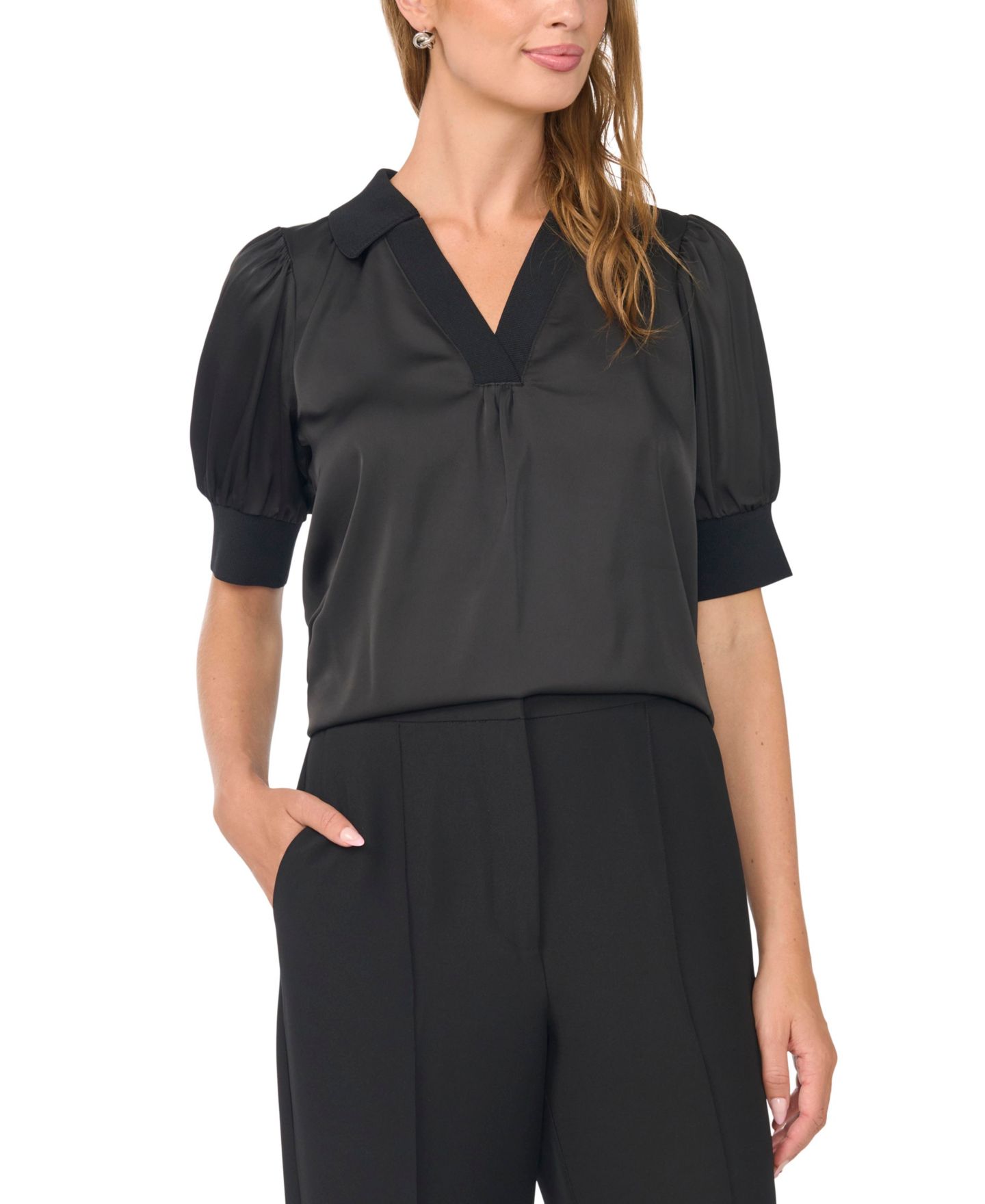Женская блузка Vince Camuto Puff-Sleeve Satin V-Neck, цвет: Насыщенный чёрный — фото 3