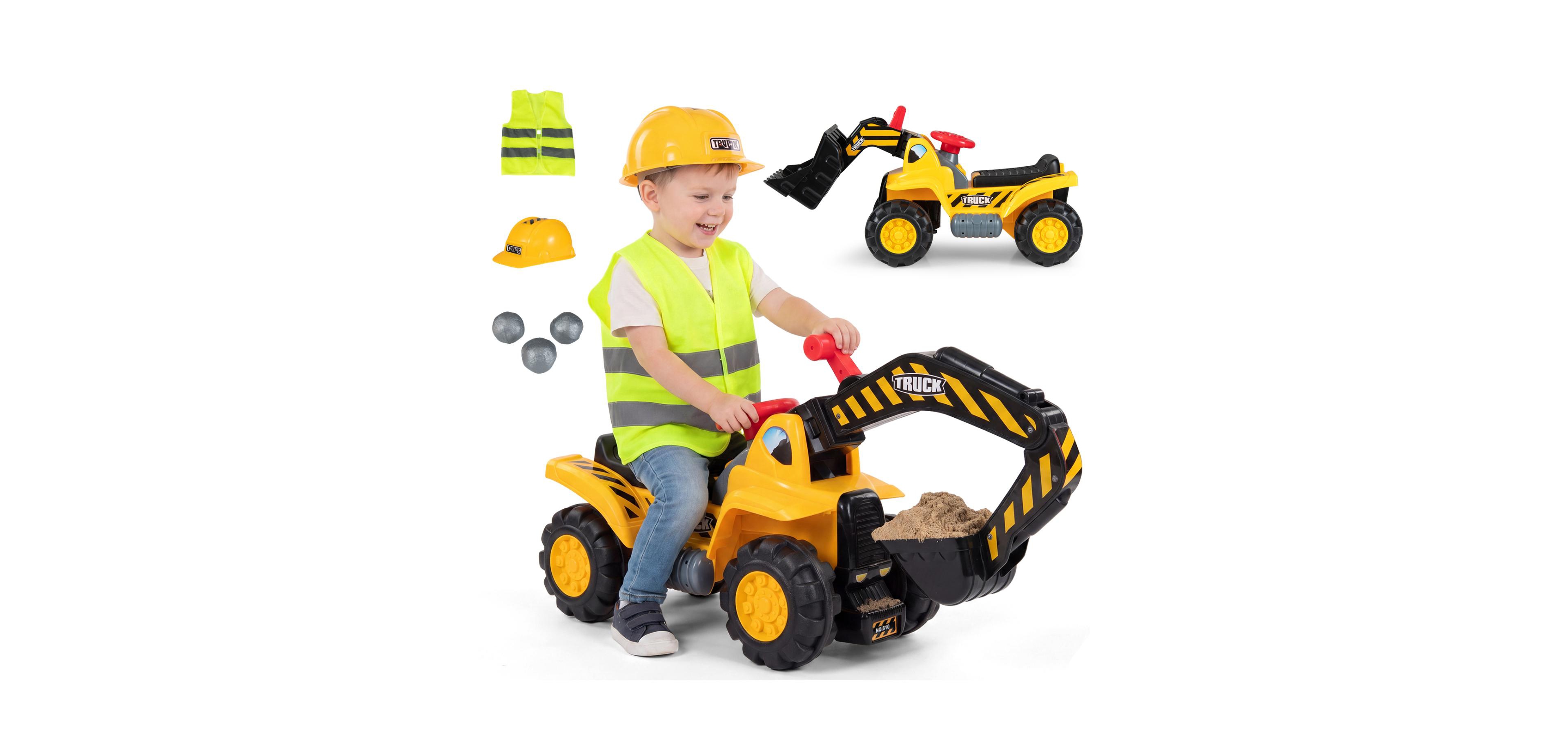 Mecale 3-in-1 Excavator and Bulldozer Ride-On with Engine Sound, 55 Pound Capacity, Ages 2+