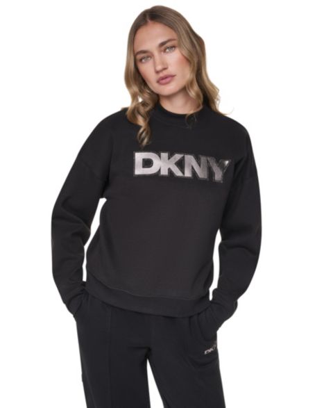 Женская толстовка DKNY Sport Bowery Foil Rhinestone Logo Crewneck Pullover, цвет: Чёрный / Железный
