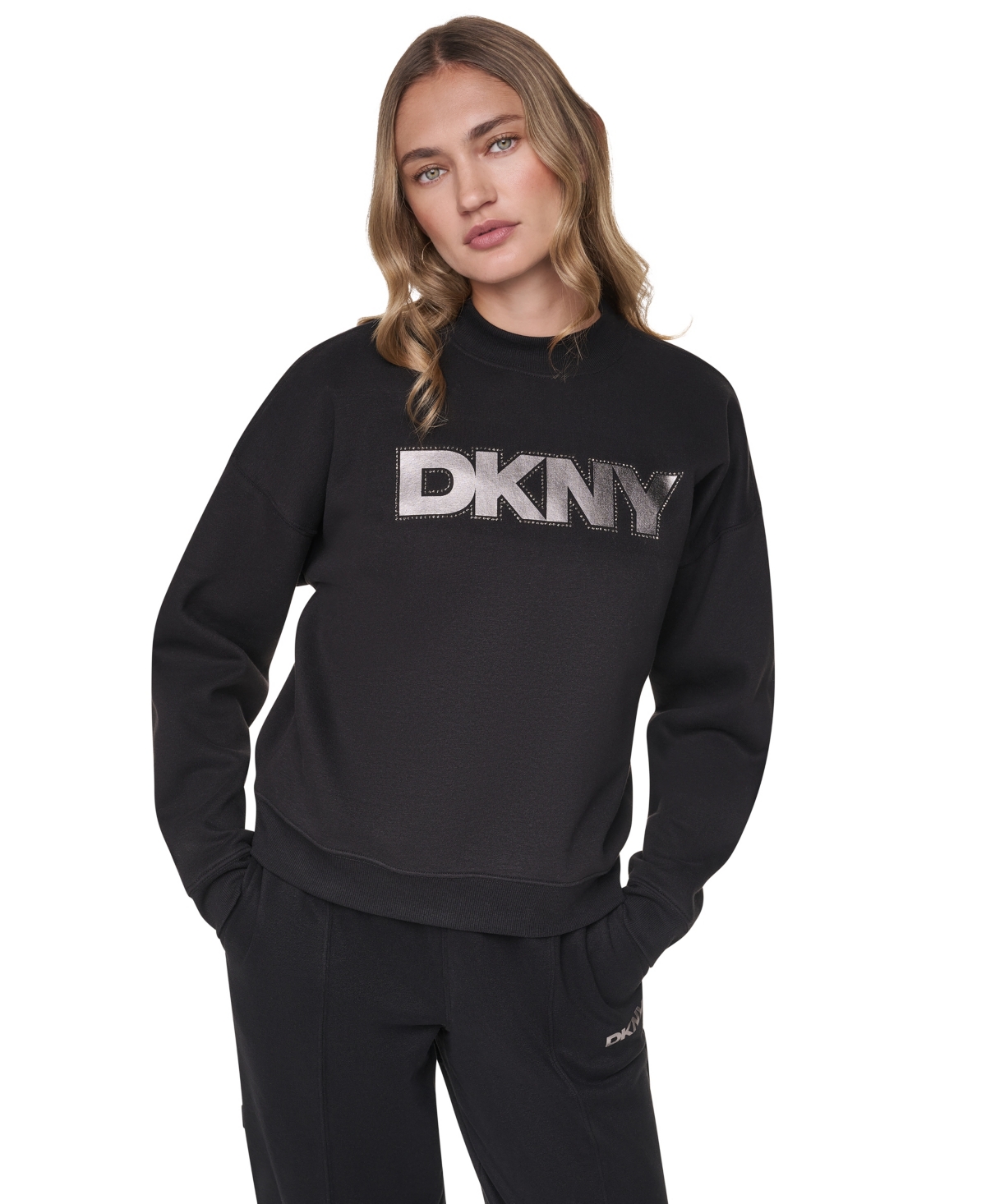 Dkny Sport Women's Bowery Foil Rhinestone Logo Crewneck Pullover Sweatshirt