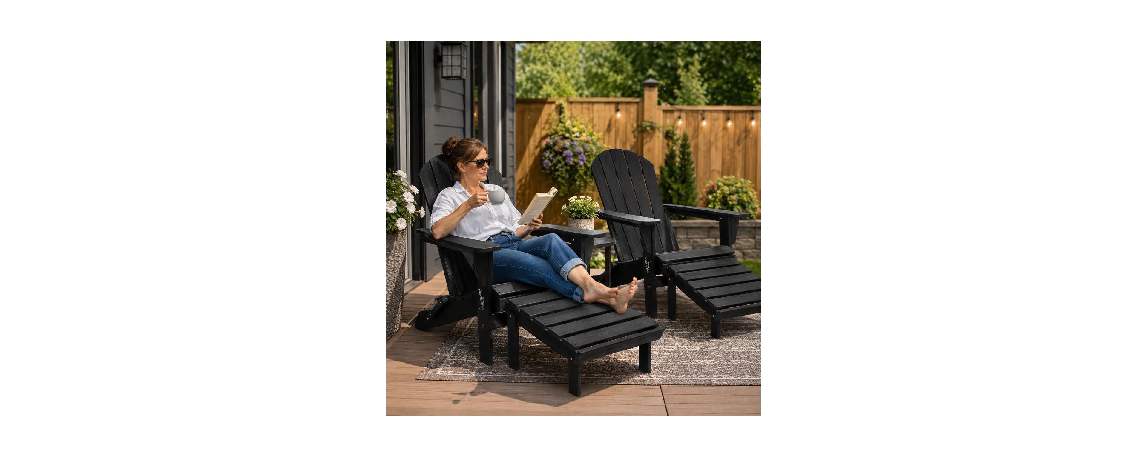 homfan Set of 2 Folding Adirondack Chairs with Ottoman and Cup Holder, Modern Wood Grain Style, Outdoor Patio Garden Seating