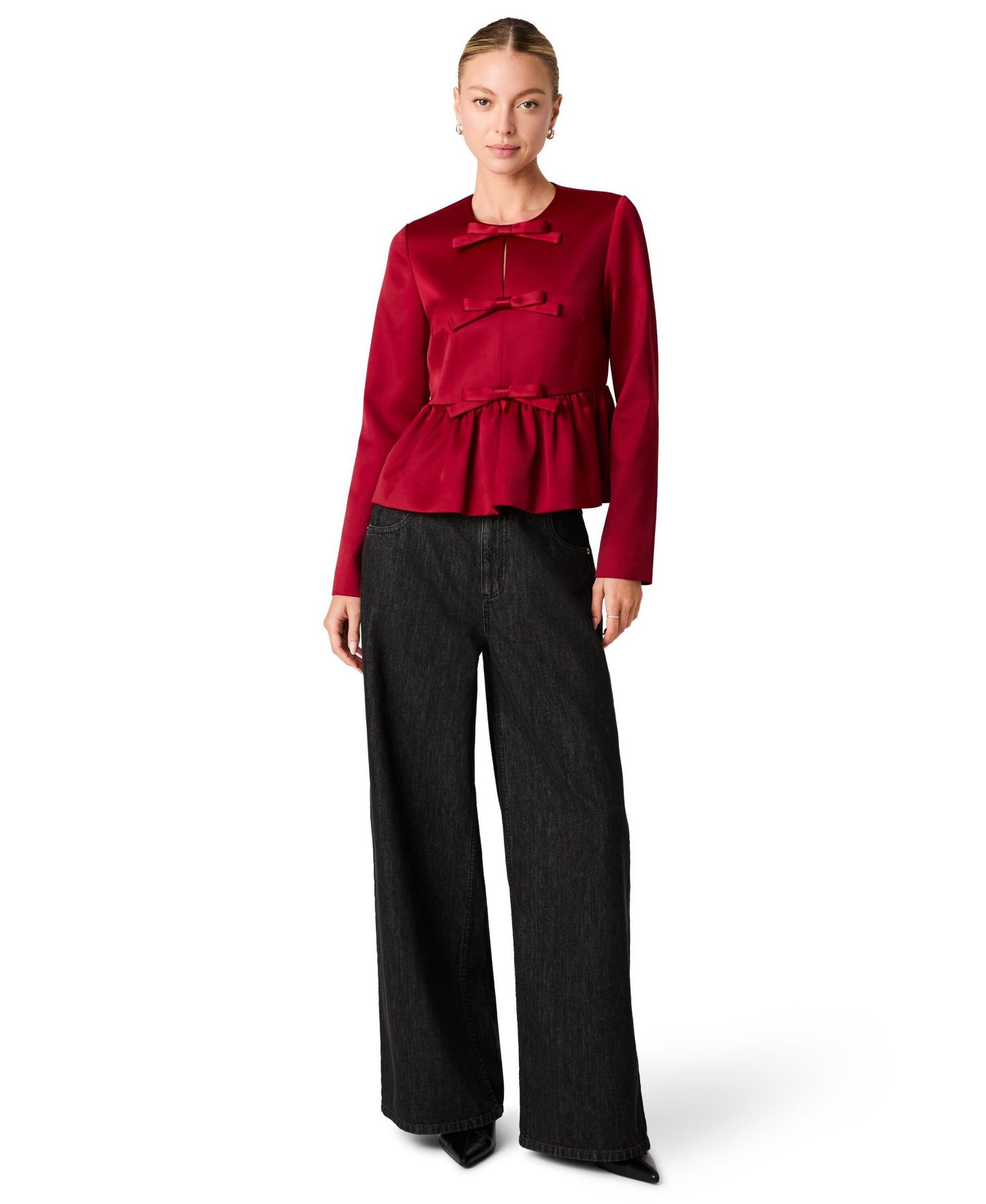 Женский топ French Connection Carey Satin Peplum Bow Long-Sleeve, цвет: Клюквенный — фото 6