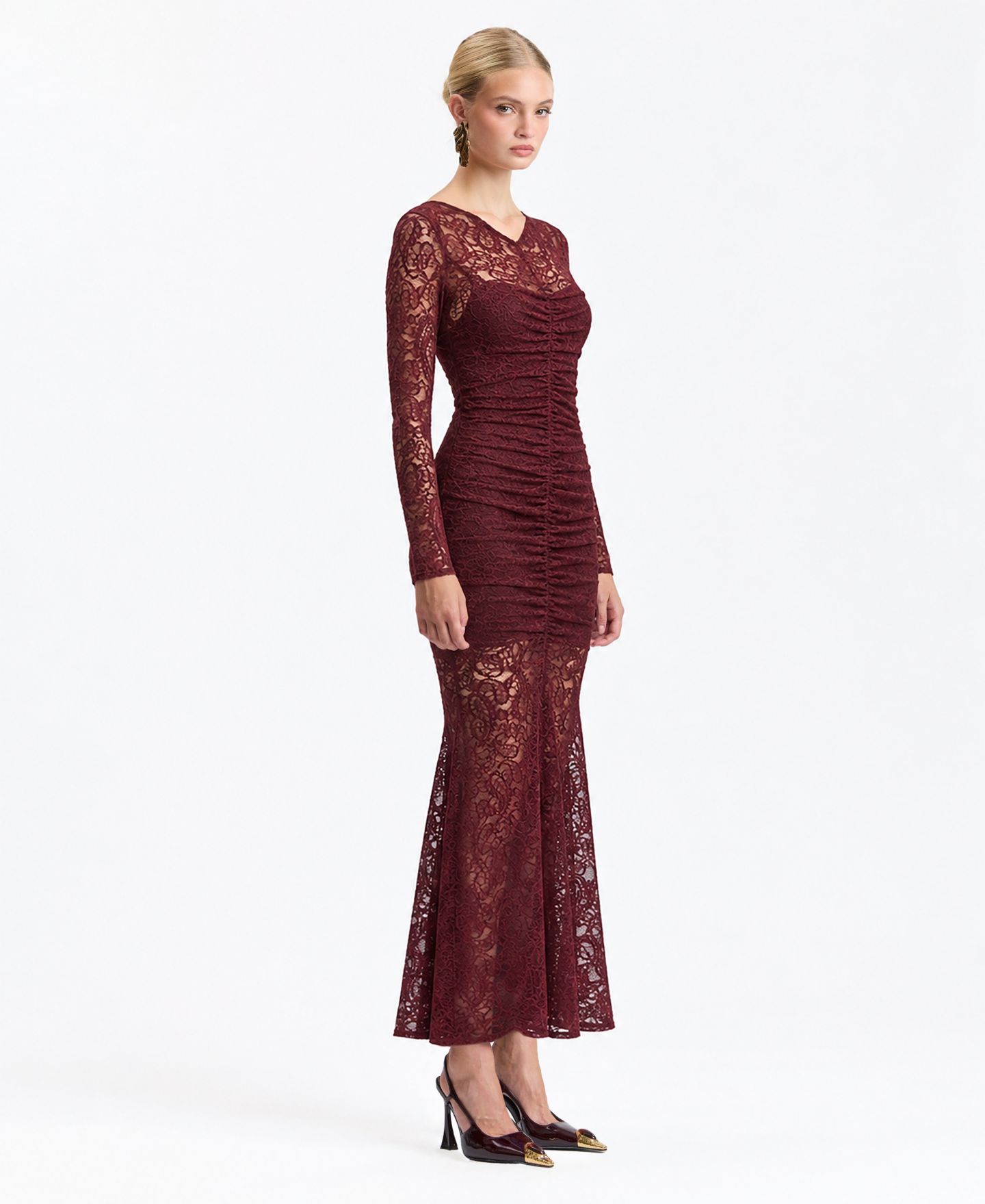 Женское платье Avec Les Filles Stretch Lace V-Neck Long-Sleeve Maxi, цвет: Винный — фото 3