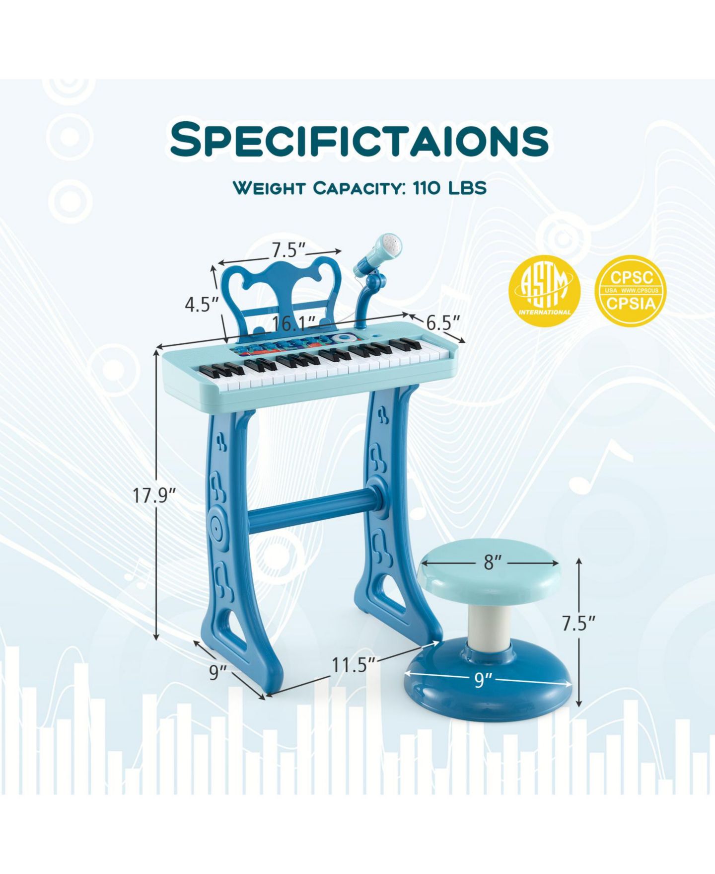 Детские игрушки Mecale 37-Key Kids Piano Keyboard with Microphone and Stool, 4-Piece Set, Ages 3+, цвет: Синий — фото 3
