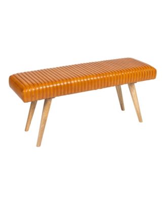 Mango Wood and Leather Grid Bench, Brown