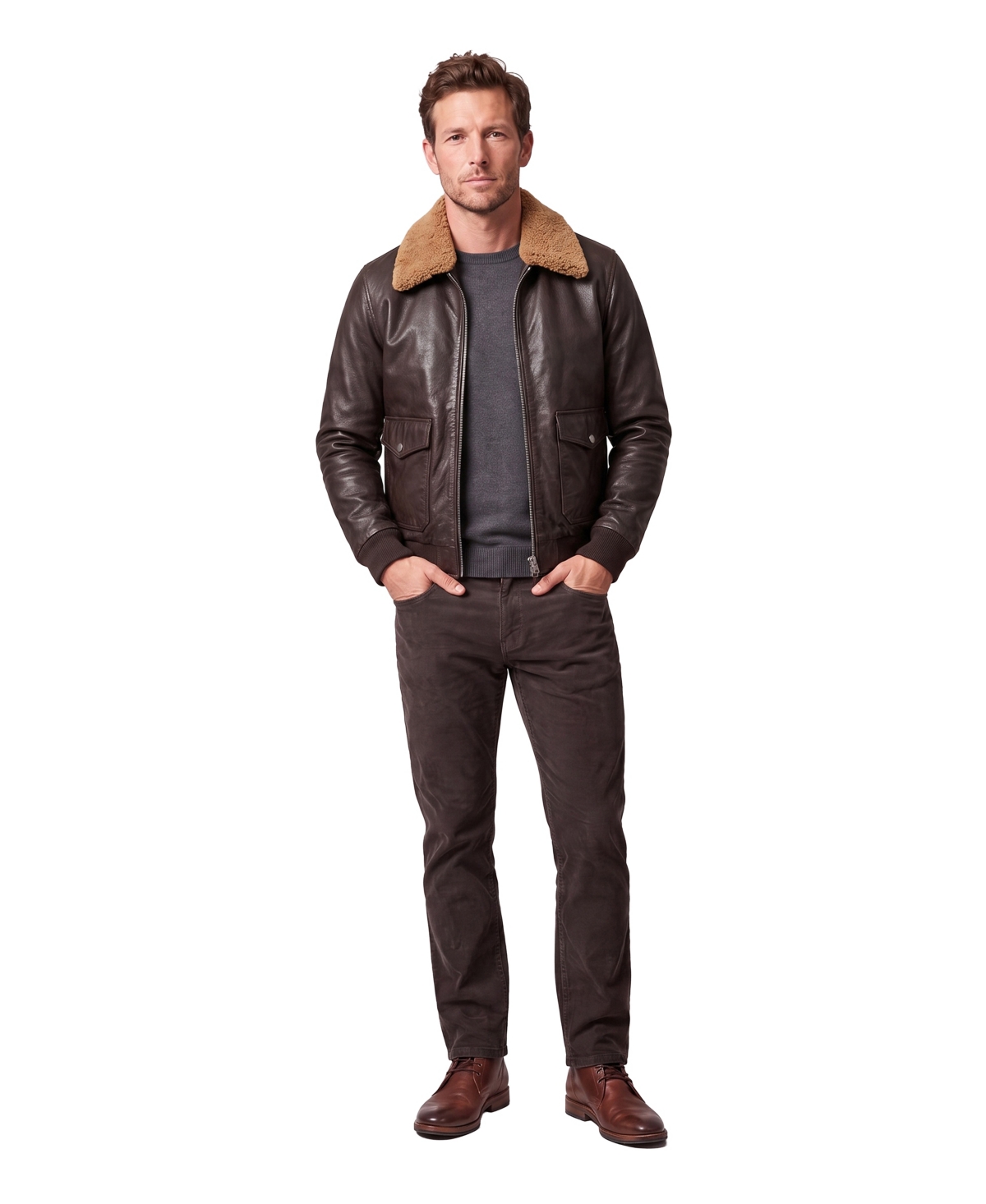 Bagatelle Men's Oversized Aviator Genuine Leather Jacket with Faux-Fur Collar - Chocolate
