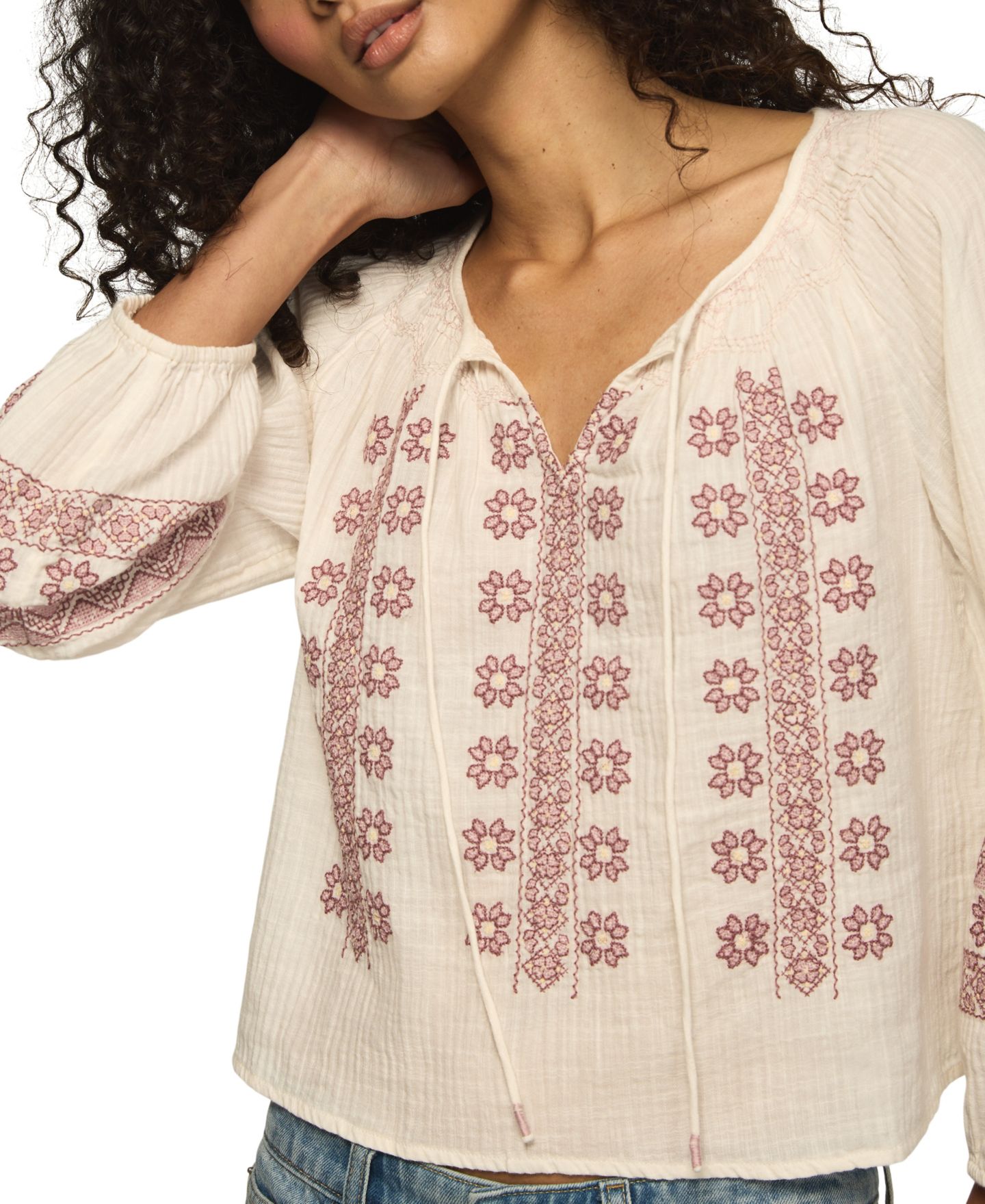 Женский топ Lucky Brand Long Sleeve Tie-Front V-Neck Cotton-Blend Peasant, цвет: Gardenia — фото 2