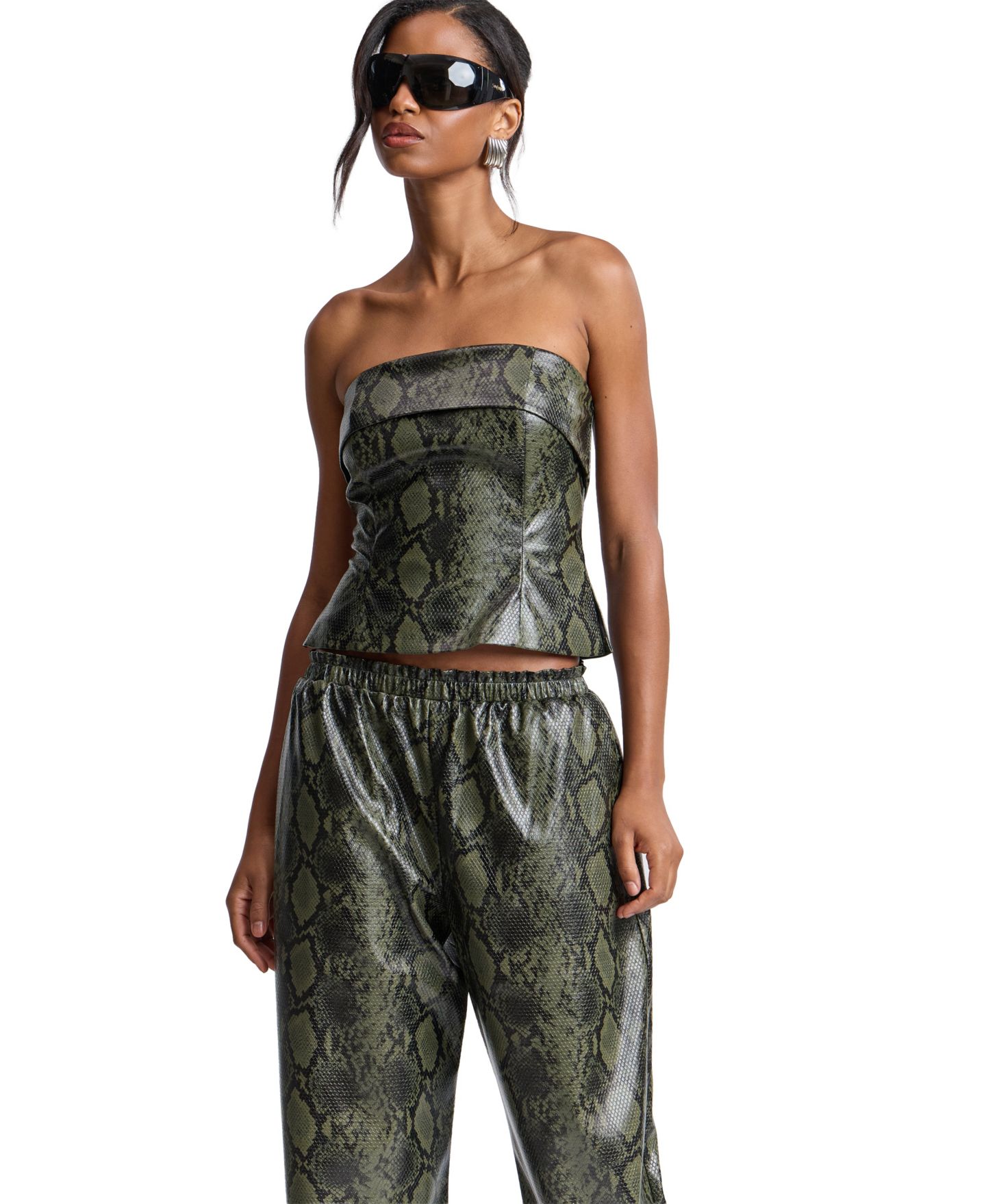 Женский топ Avec Les Filles Faux Leather Strapless Snake Print Tube, цвет: Зелёный — фото 4