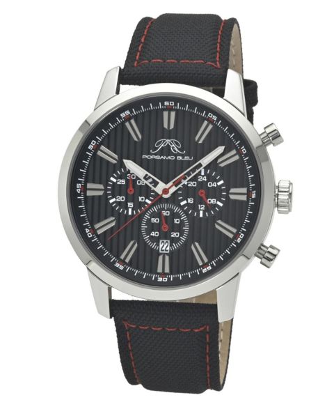 Мужские часы Porsamo Bleu Ryder Chronograph Black Canvas Band Silver Tone Watch 44 mm, цвет: Серебристый / Чёрный