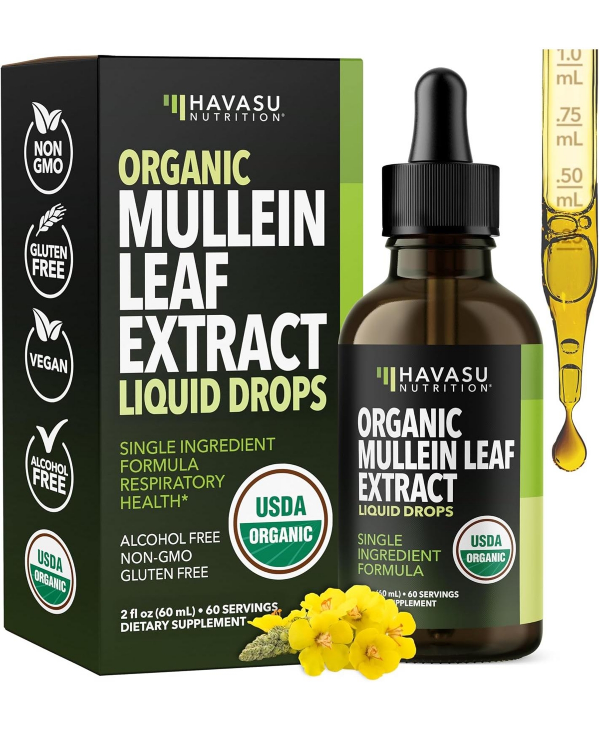 Havasu Nutrition Mullein Leaf Liquid Drops, Alcohol-Free Mullein Extract for Respiratory Support, Non-gmo and Gluten Free, 2 Fluid Ounce