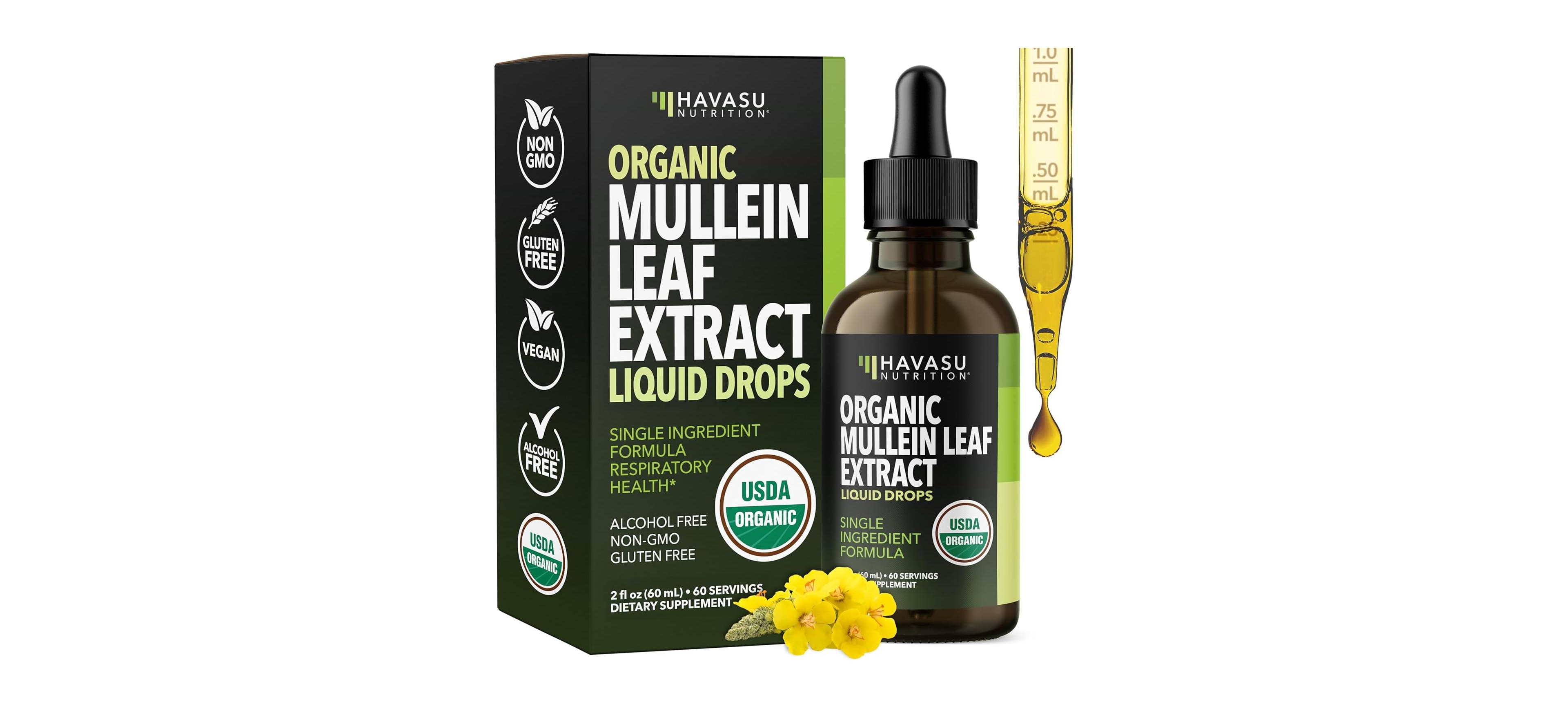 Havasu Nutrition Mullein Leaf Liquid Drops, Alcohol-Free Mullein Extract for Respiratory Support, Non-gmo and Gluten Free, 2 Fluid Ounce