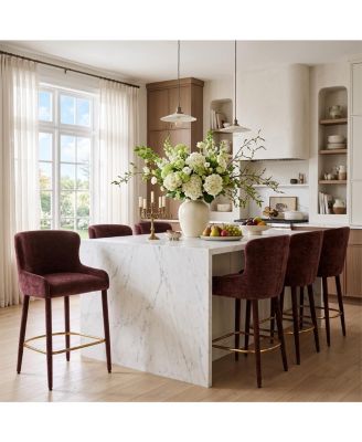 Maison Counter Height Set of 6 Chenille Upholstered Gold-Tone Footrest Wingback Bar Stools