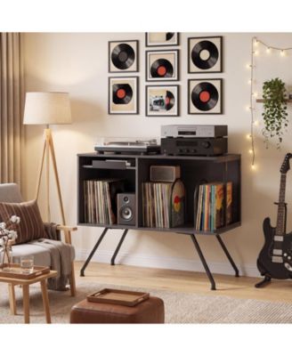 Record Player Stand with Storage, Dust-Flip Top