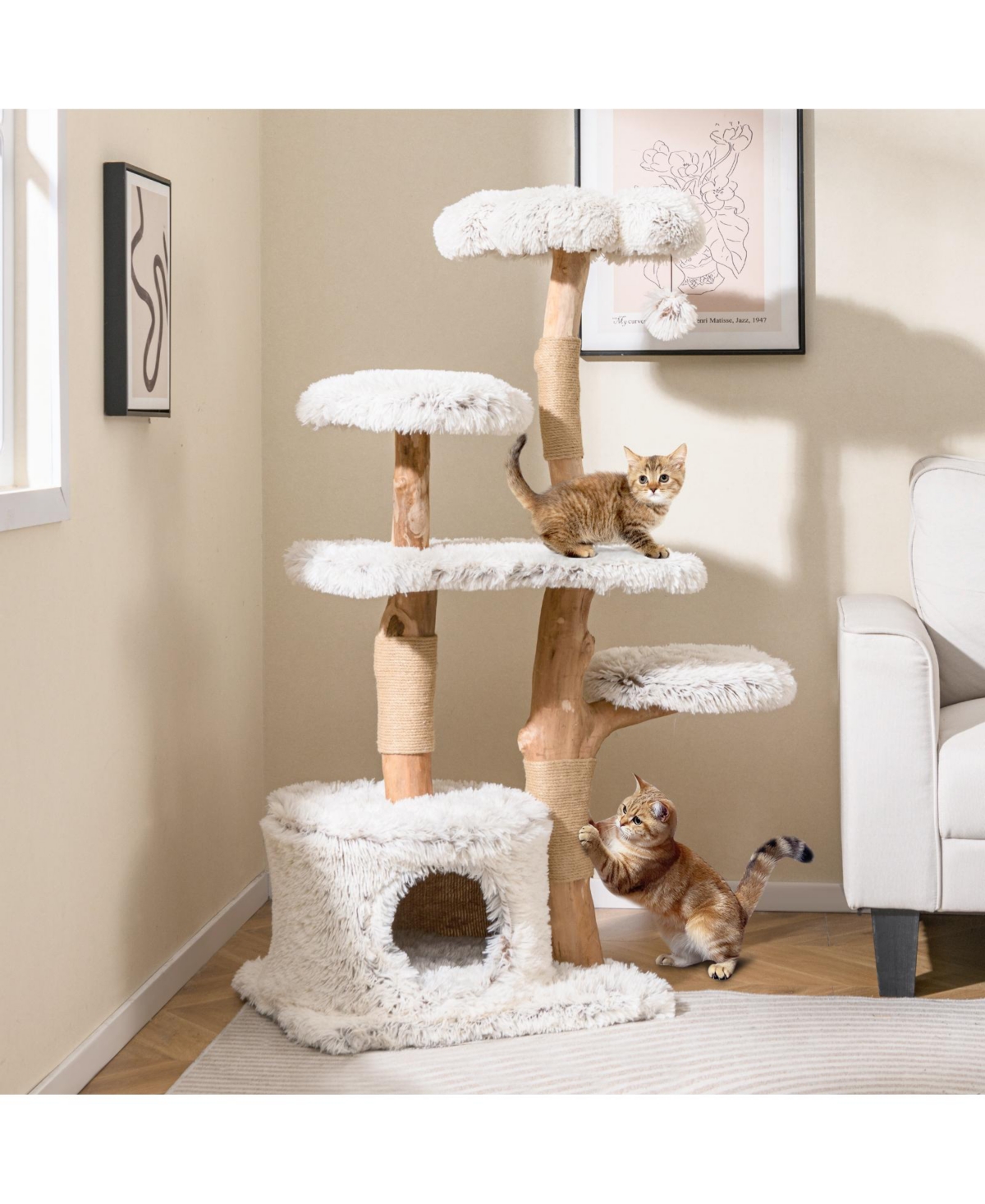 Zeny Modern Cat Tree 53 Inch Natural Wooden Tower with Jute Posts
