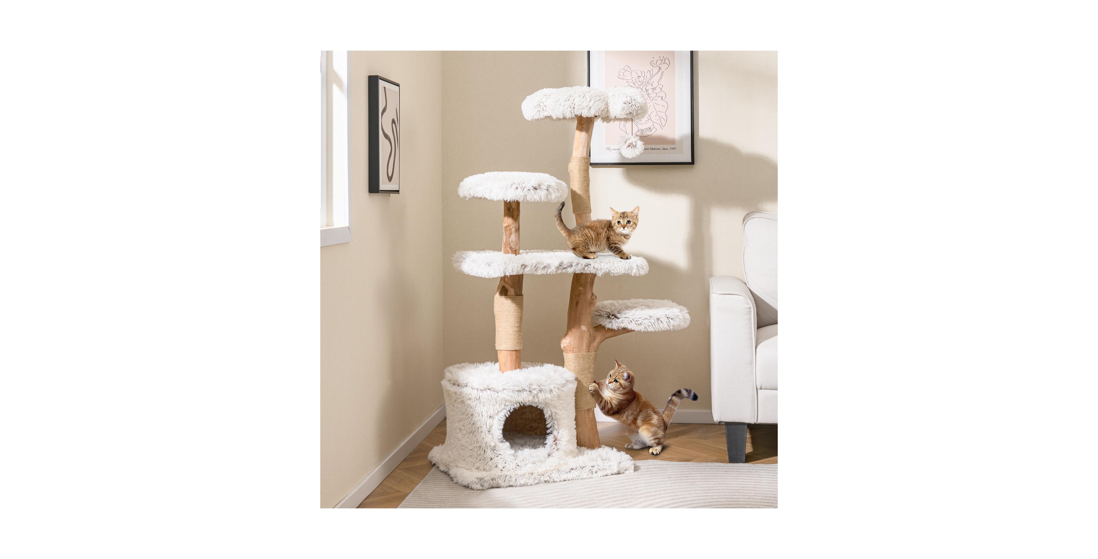 Zeny Modern Cat Tree 53 Inch Natural Wooden Tower with Jute Posts