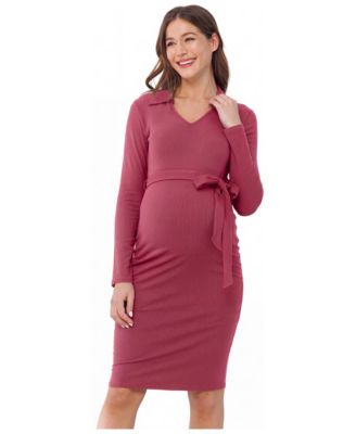 Maternity Collared V-Neck Long-Sleeve Belted Dress