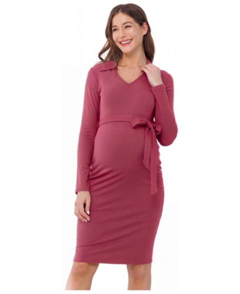 Женское платье Hello Miz Maternity Collared V-Neck Long-Sleeve Belted, цвет: Berrice