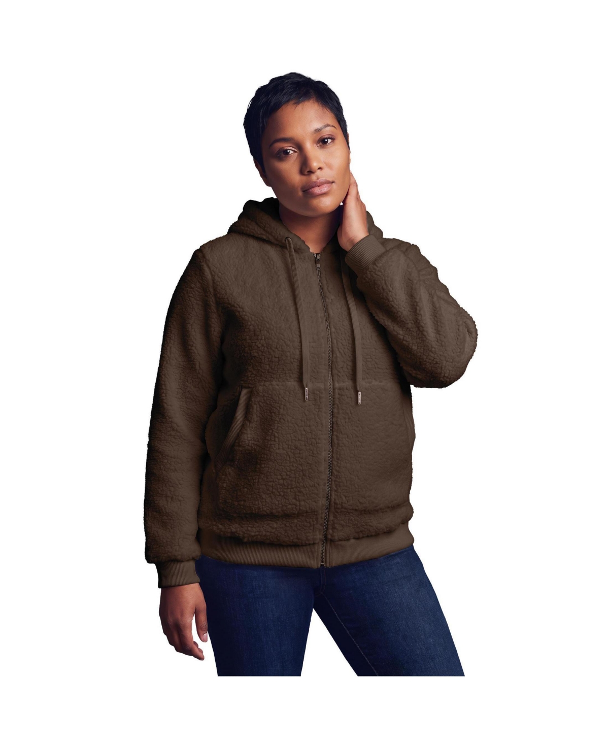 Avenue Plus Size Full-Zip Textured Relaxed-Fit Hoodie - Chocolate