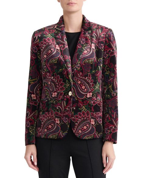 Женский пиджак Jones New York Printed Velvet Notch Collar Blazer, цвет: Чёрный