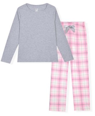 Girls' 5-16 Long-Sleeve Ribbed Plaid Pajama, 2-Piece Set
