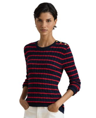 Women's Striped Button-Trim Cable-Knit Slim Fit Sweater
