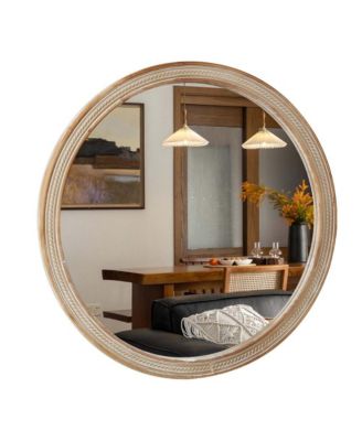 23.62 Inch Round Wall Mirror with Woven Rattan Texture Frame Rustic Decorative Accent Mirror for Bathroom Bedroom Living Room