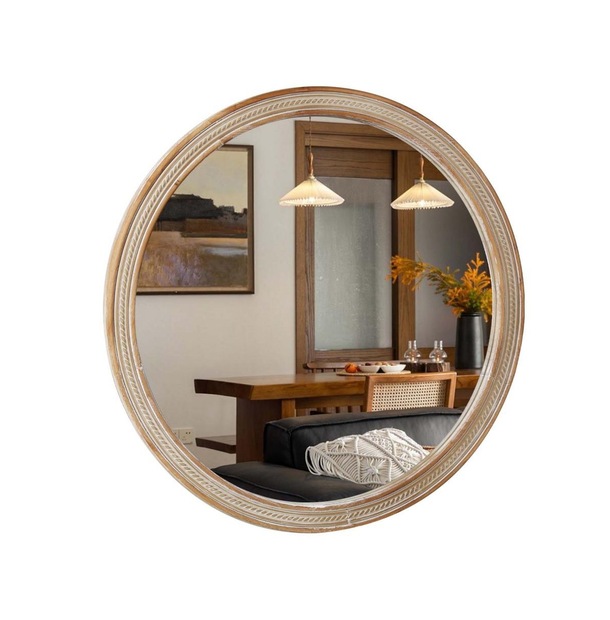 Busdays 23.62 Inch Round Wall Mirror with Woven Rattan Texture Frame Rustic Decorative Accent Mirror for Bathroom Bedroom Living Room