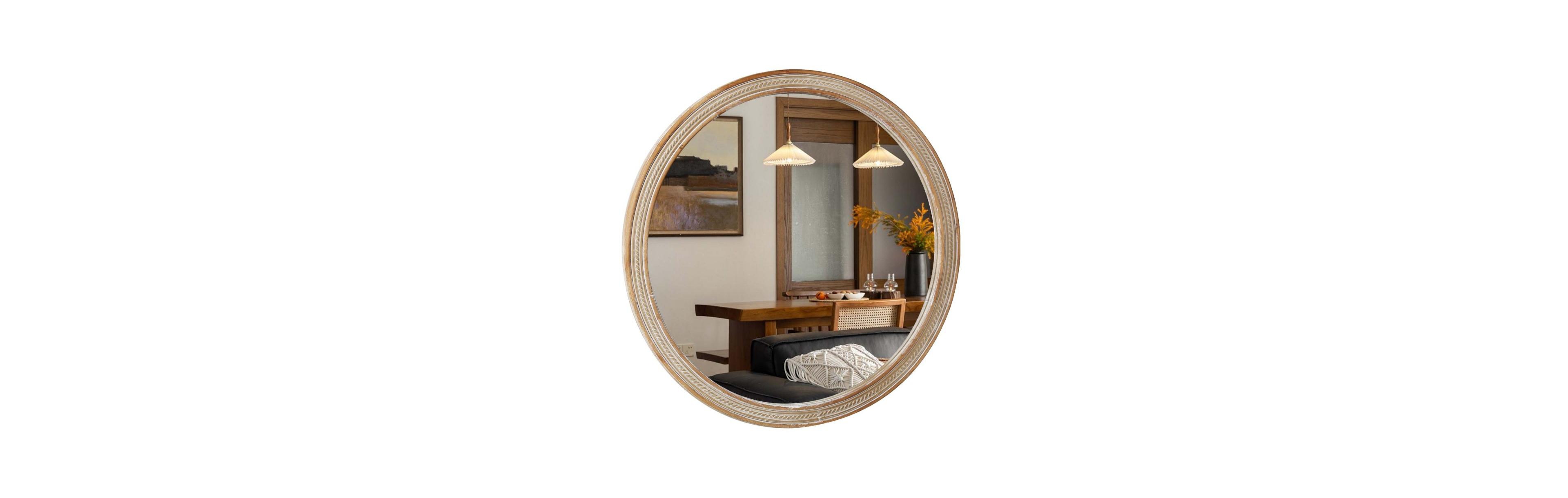 Busdays 23.62 Inch Round Wall Mirror with Woven Rattan Texture Frame Rustic Decorative Accent Mirror for Bathroom Bedroom Living Room