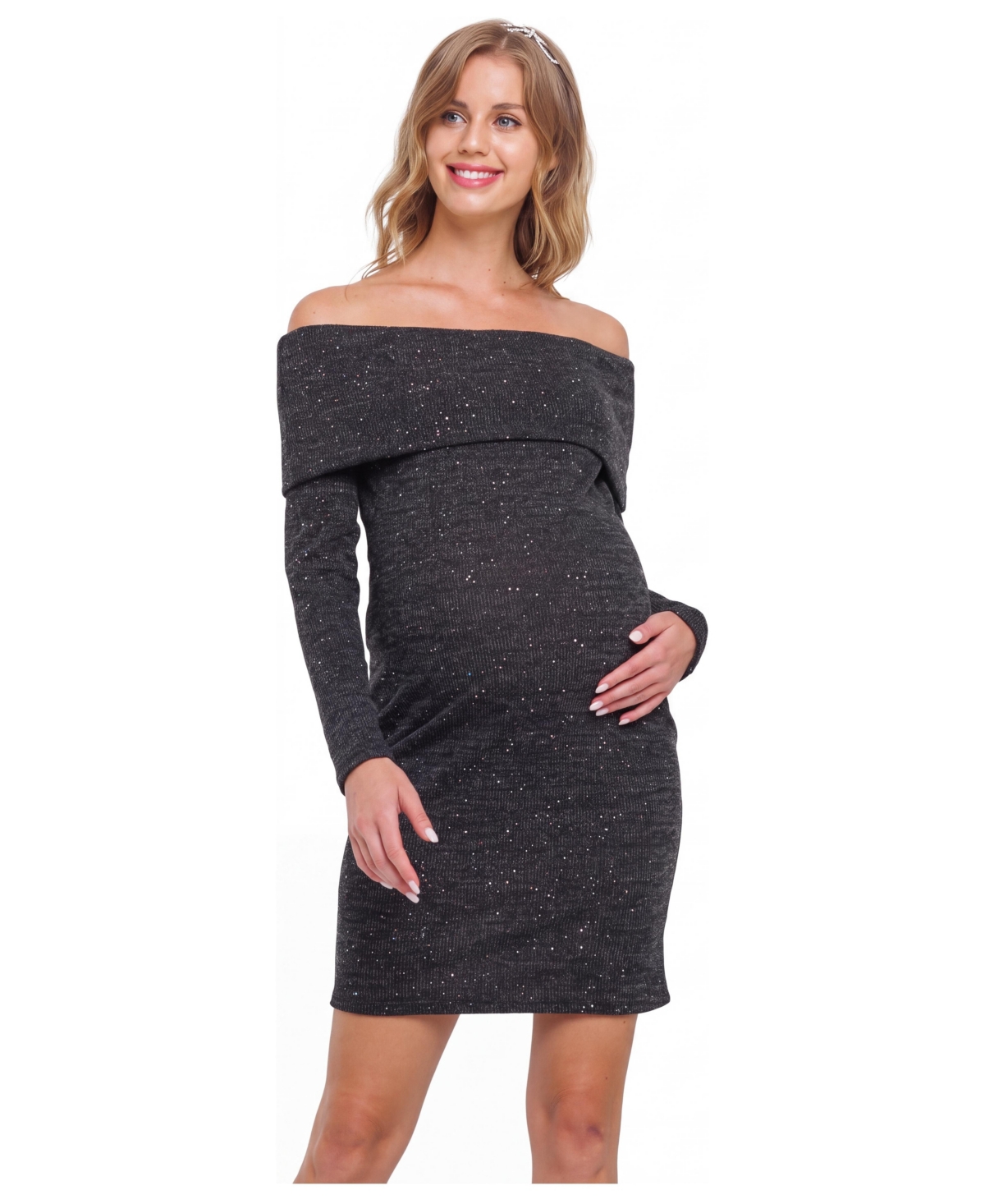 Hello Miz Maternity Off-the-Shoulder Sequin-Glitter Long-Sleeve Mini Dress