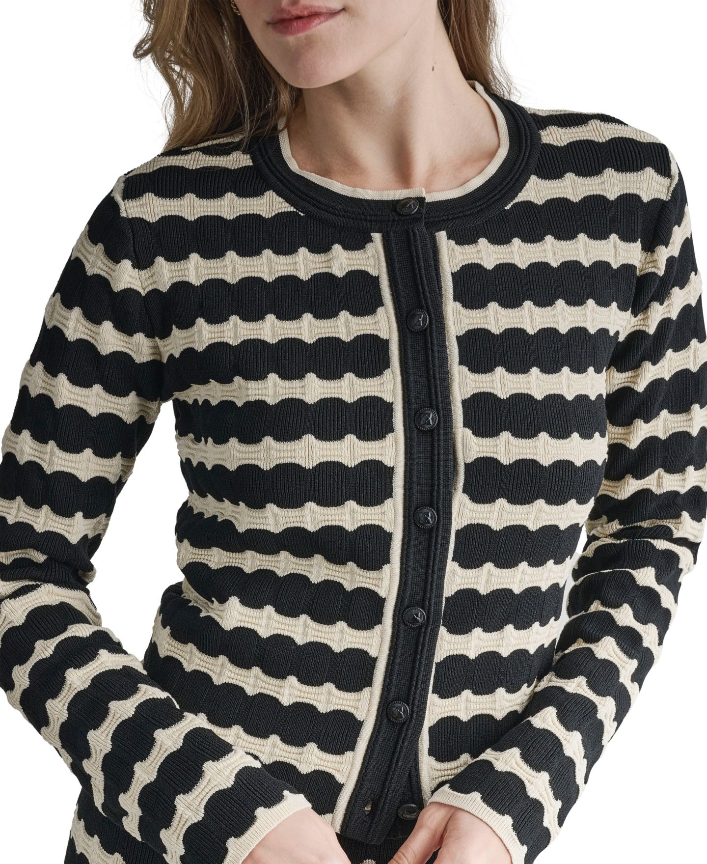 Женский кардиган BCBG Striped Crew Neck Cardigan, цвет: Чёрный — фото 6