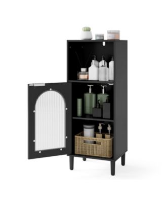 Bathroom Side Cabinet with Wavy Glass Door and Solid Wood Legs