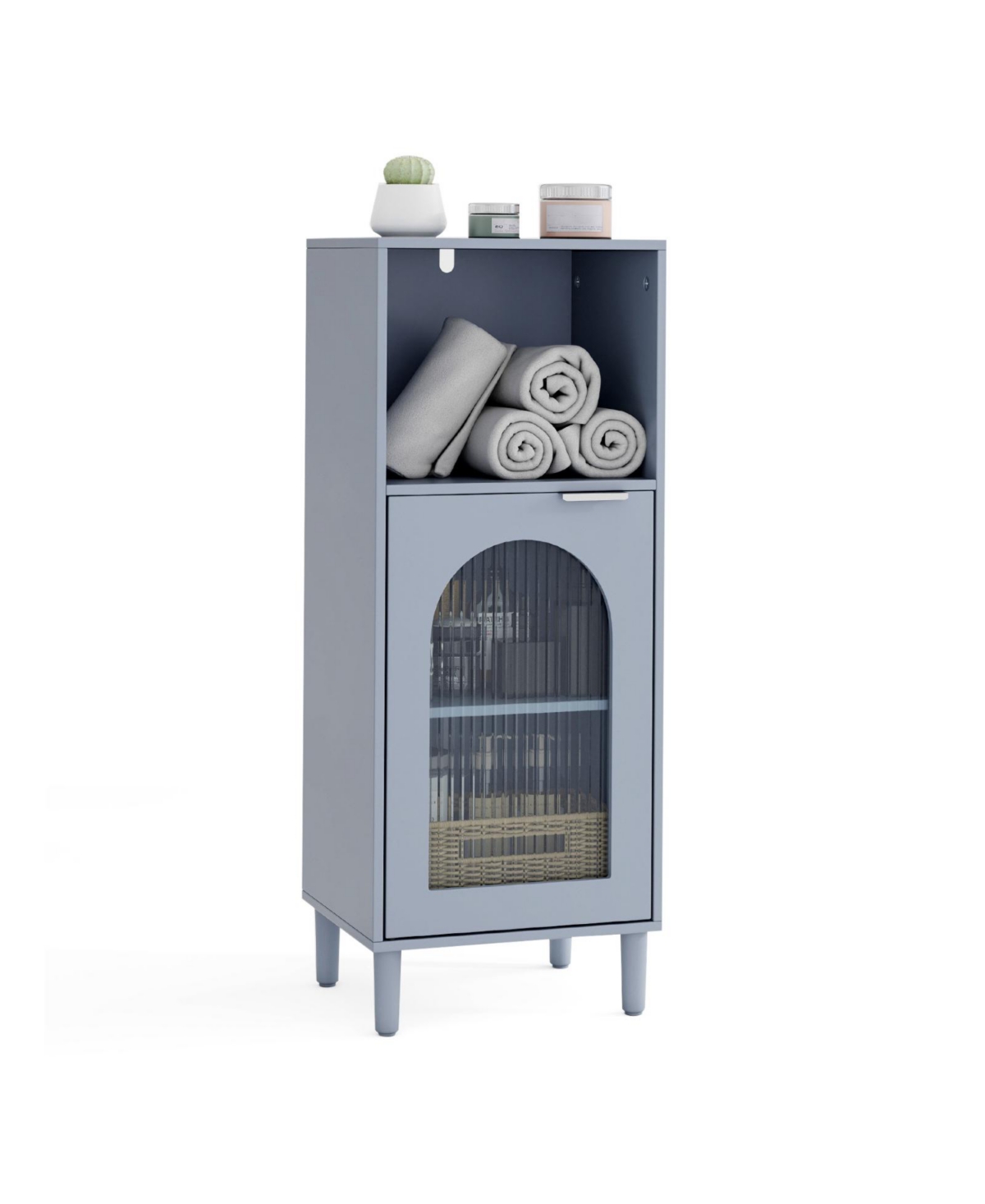 Volenca Bathroom Side Cabinet with Wavy Glass Door and Solid Wood Legs - Gray