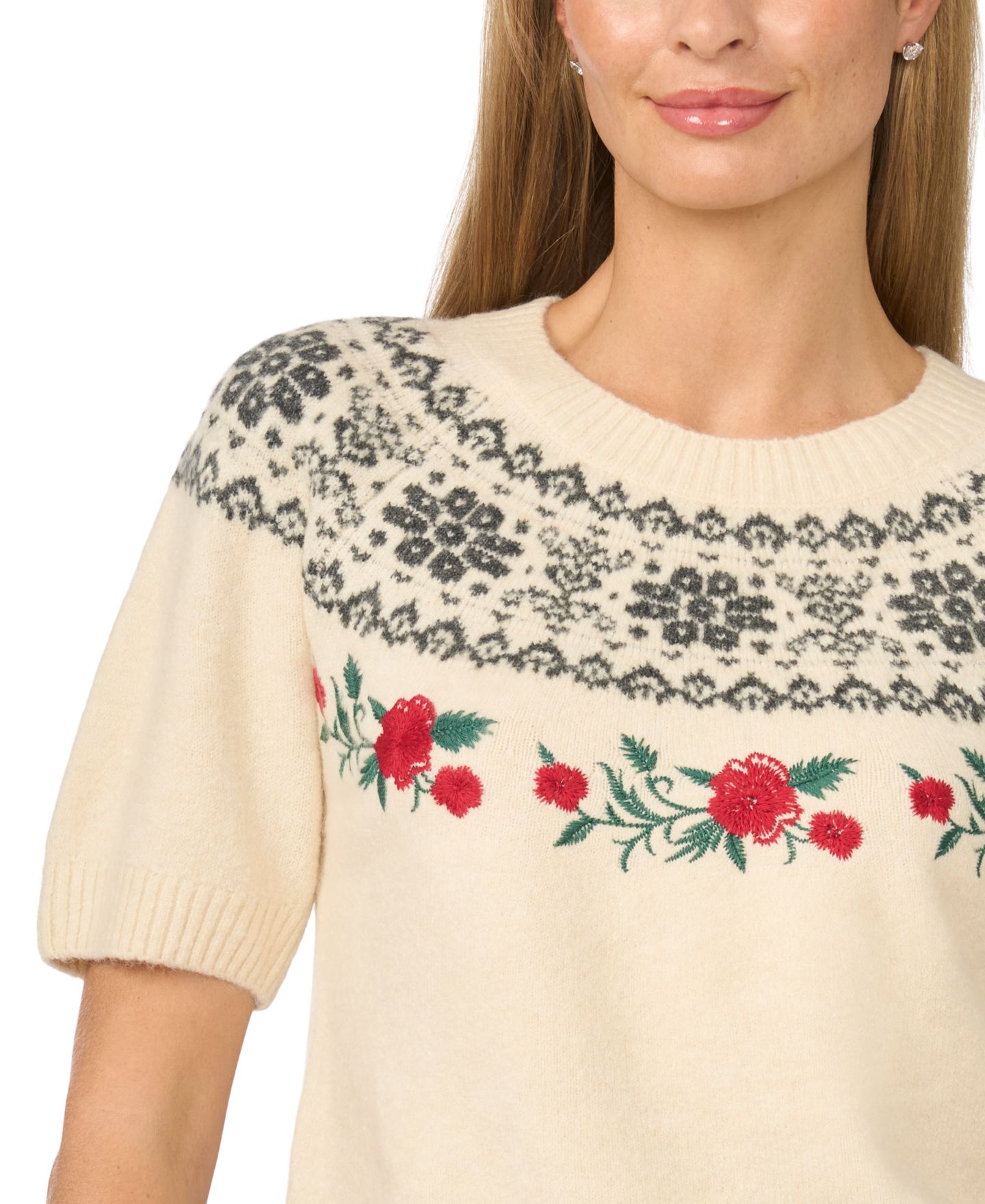 Женский свитер CeCe Fair Isle Short-Sleeve, цвет: Берёзовый — фото 3
