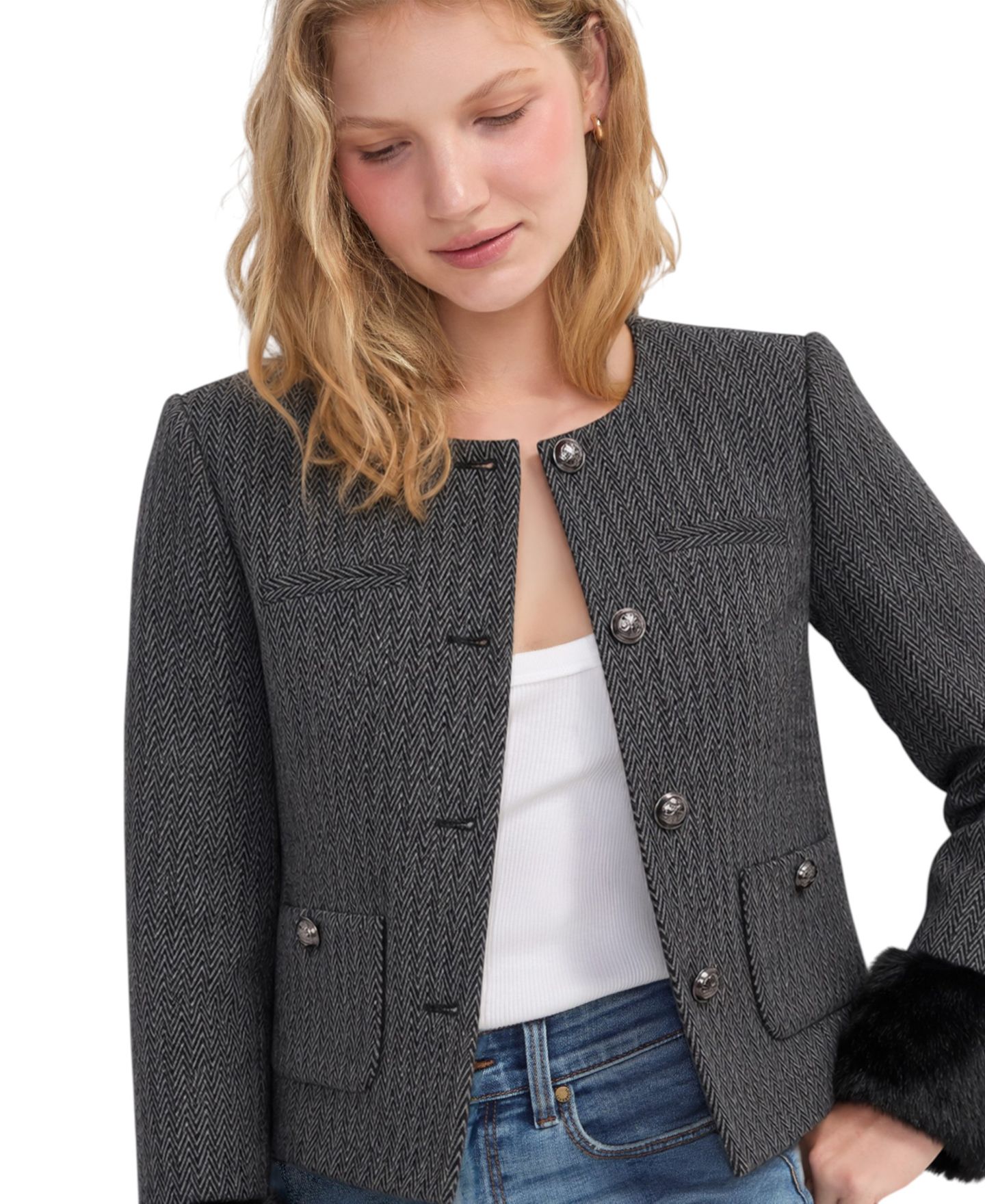 Женская куртка Liverpool Los Angeles Faux Fur Cuff Herringbone Stripe Collarless, цвет: Чёрный разноцветный — фото 2