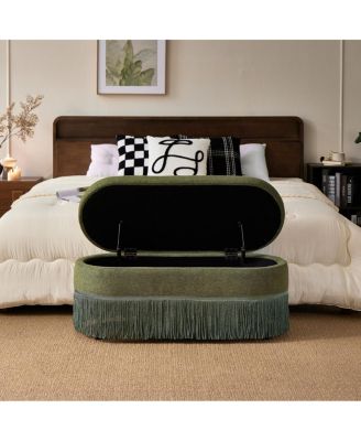 Oval Storage Ottoman, Lift-Top Upholstered Bench, Fringe Trim Accent Footrest for Living Room
