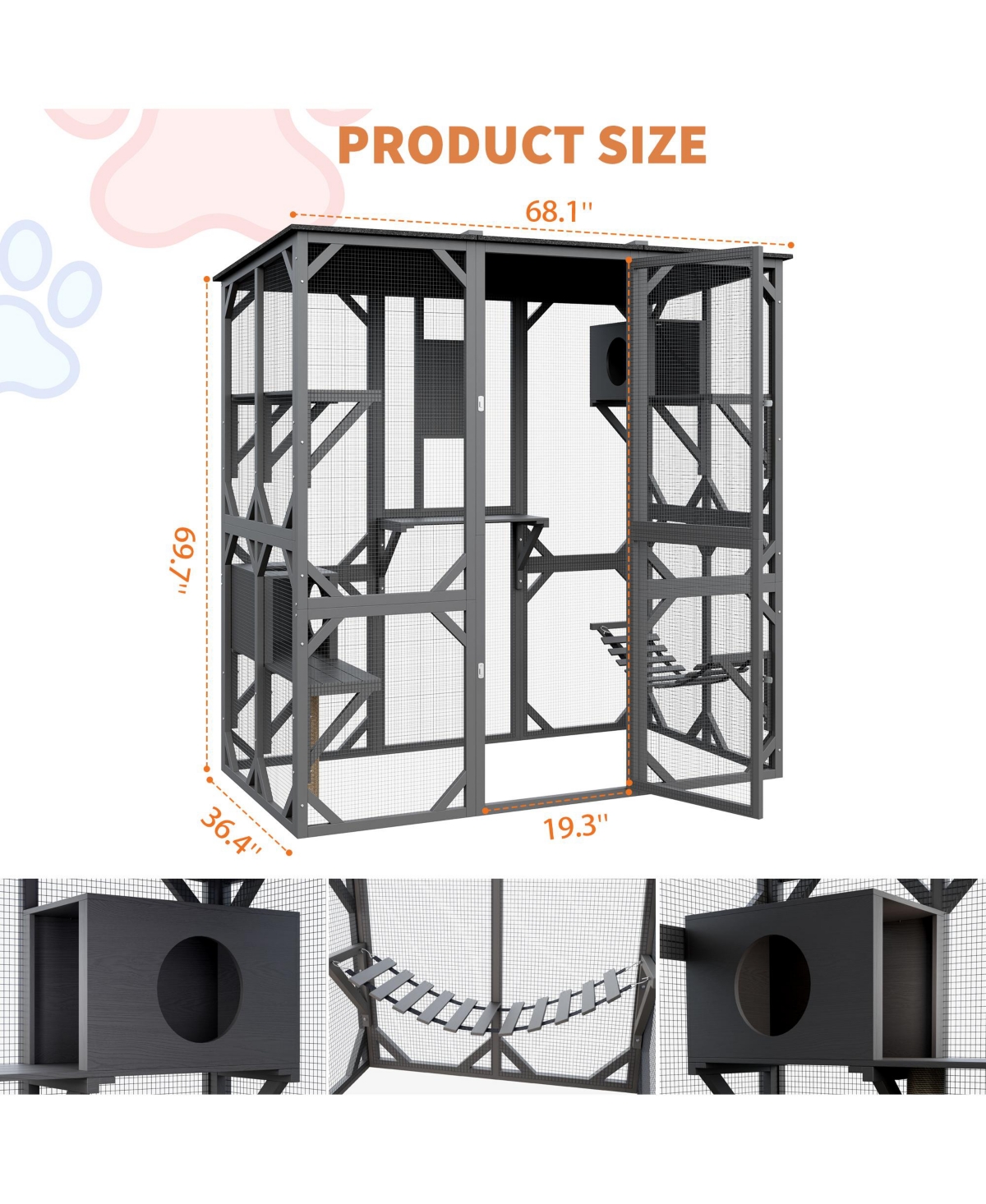 Lalfpet 70'' Wooden Walk-in Catio, Large Outdoor Cat Enclosure with 4 Jumping Platforms and Napping Houses