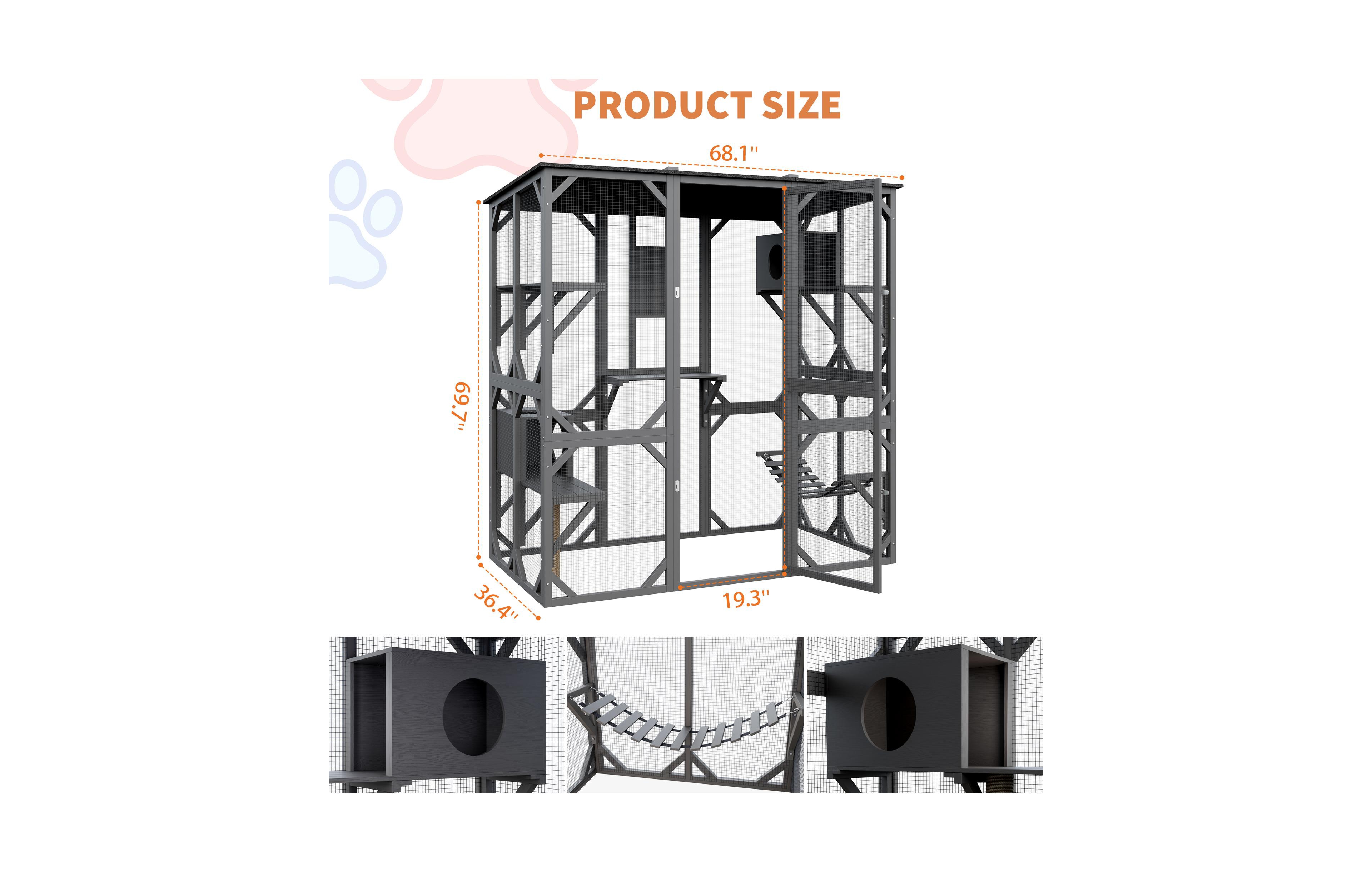 Lalfpet 70'' Wooden Walk-in Catio, Large Outdoor Cat Enclosure with 4 Jumping Platforms and Napping Houses