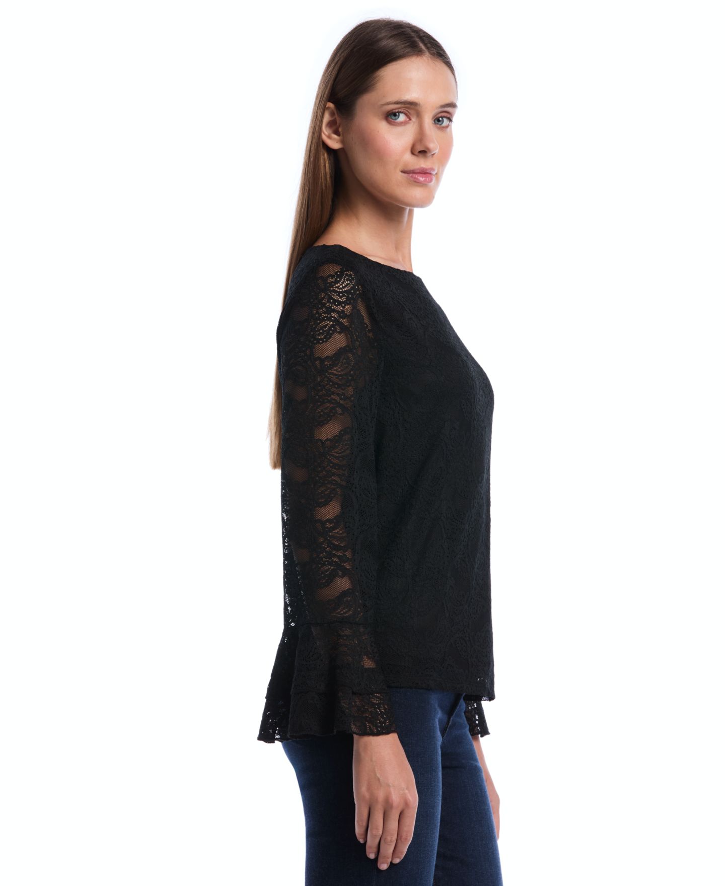 Женская блузка Rafaella Petite Boat Neck Lace Long-Ruffle-Sleeve, цвет: Чёрный — фото 3