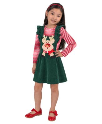 Girls' 2T-6X Striped Reindeer Appliqu&eacute; Long-Sleeve Top and Corduroy Jumper Dress, 2-Piece Set