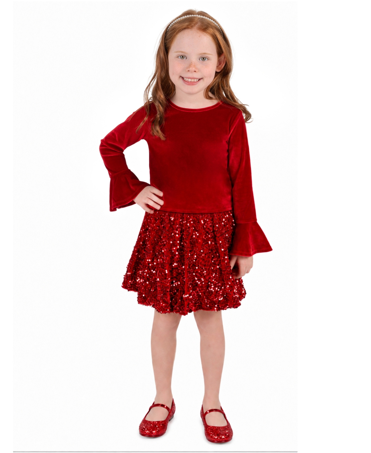 Rare Editions Girls' 2T-16 Bell-Sleeve Sequin Velvet Top and Skirt, 2-Piece Set - Red
