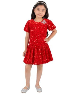 Girls' 2T-6X Velvet Sequin Puff-Sleeve Dress