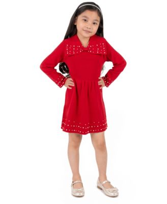 Girls' 2T-6X Bow Collar with Embellishments Long-Sleeve Fit & Flare Dress