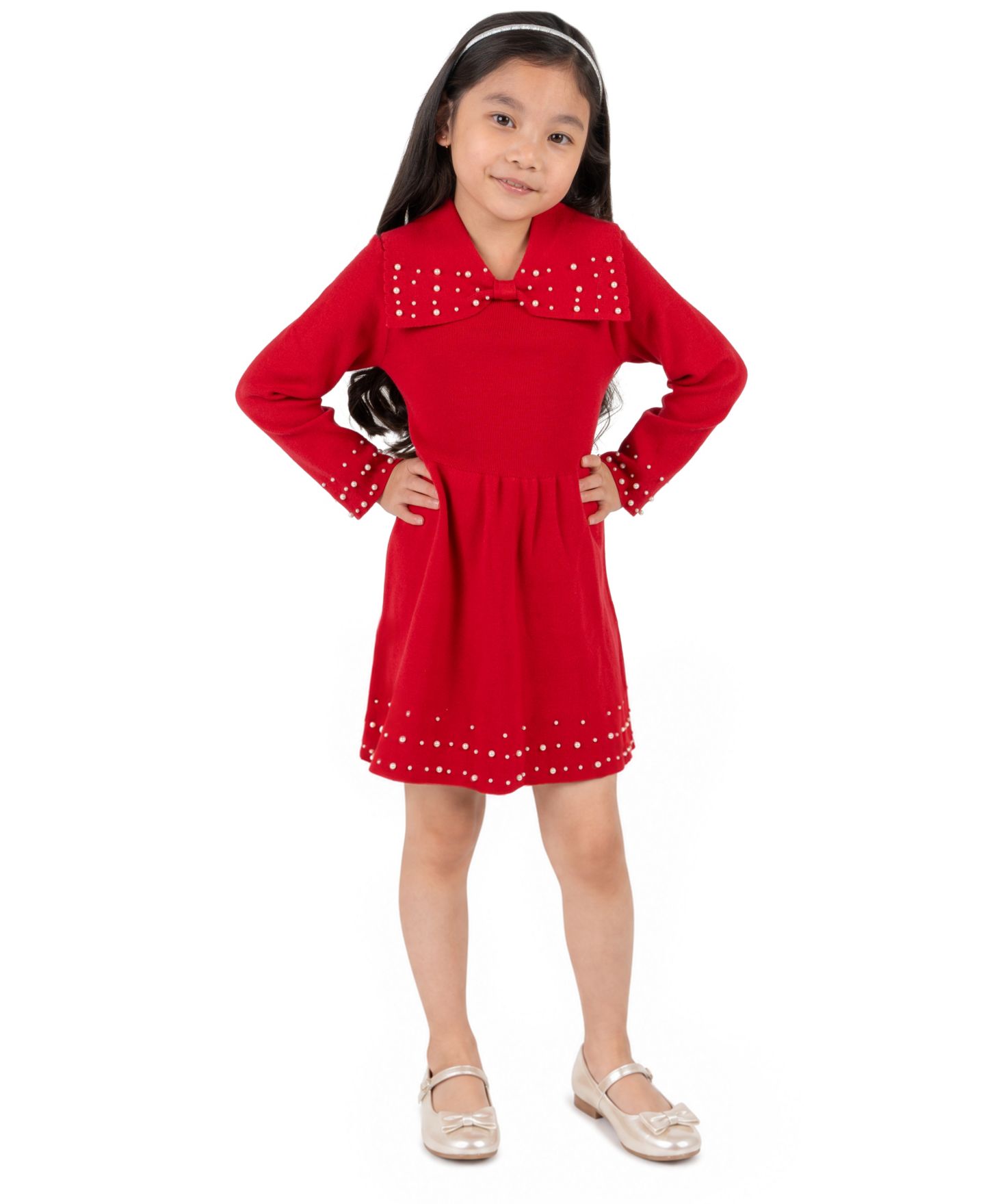 Платье Rare Editions Bow Collar with Embellishments Long-Sleeve Fit & Flare Dress для девочек, цвет: Красный — фото 1