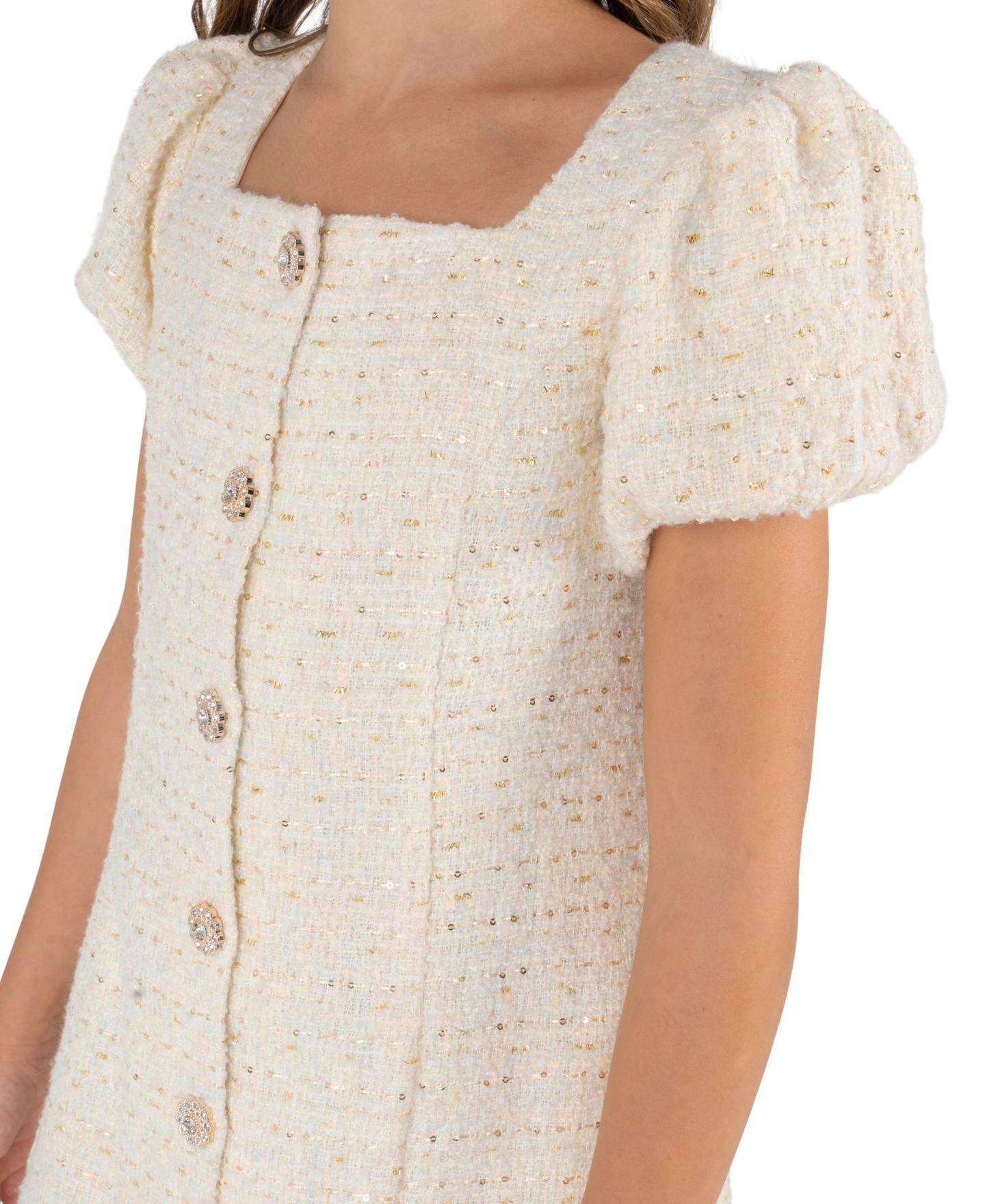 Платье Rare Editions Boucle Puff-Sleeve Square-Neck Dress для девочек, цвет: Слоновая кость — фото 3