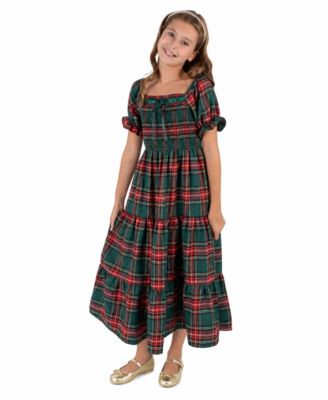 Girls' 7-16 Puff-Sleeve Smocked Plaid Dress