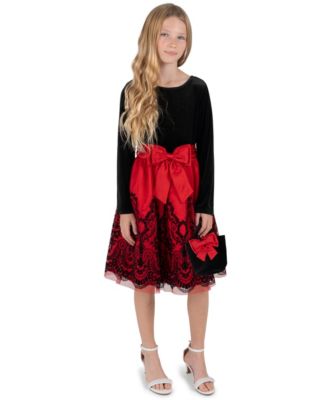 Girls' 7-16 Long-Sleeve Scoop Neck Velvet Bodice Dress