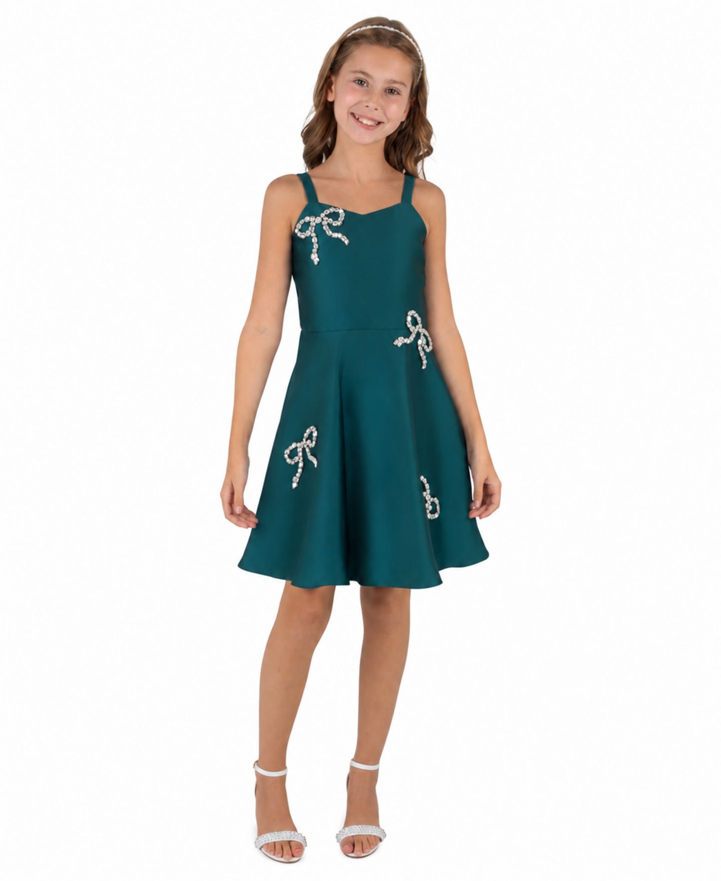 Платье Rare Editions Sweetheart Rhinestone-Bow Fit-and-Flare Mikado для девочек, цвет: Тёмно-зелёный — фото 1