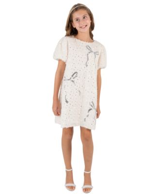 Girls' 7-16 Puff-Sleeve Sequin Rhinestone Bow Dress