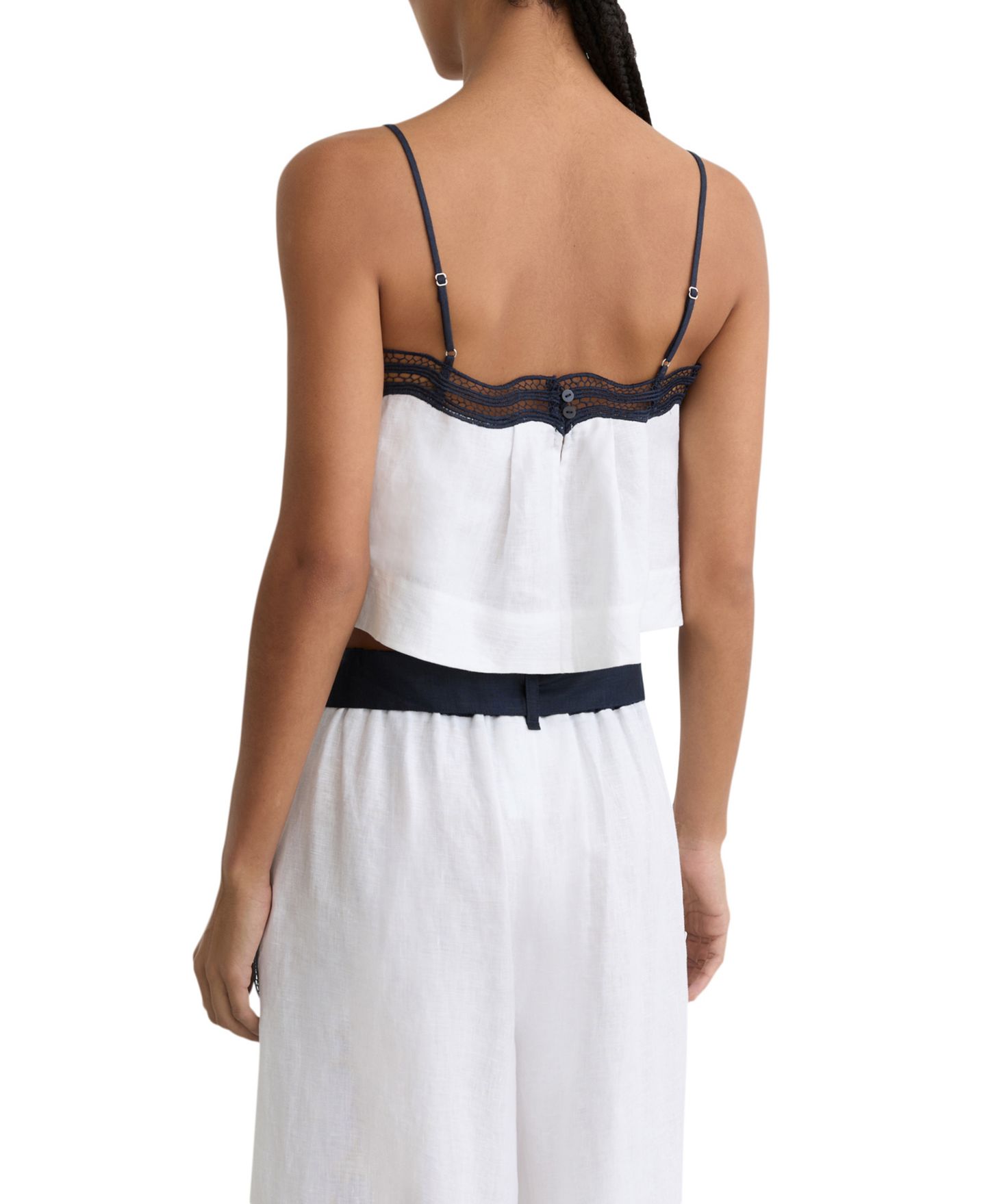 Женский топ REISS Felicity Sleeveless Scalloped Lace Square Neck Linen Camisole, цвет: Слоновая кость / Тёмно-синий — фото 2